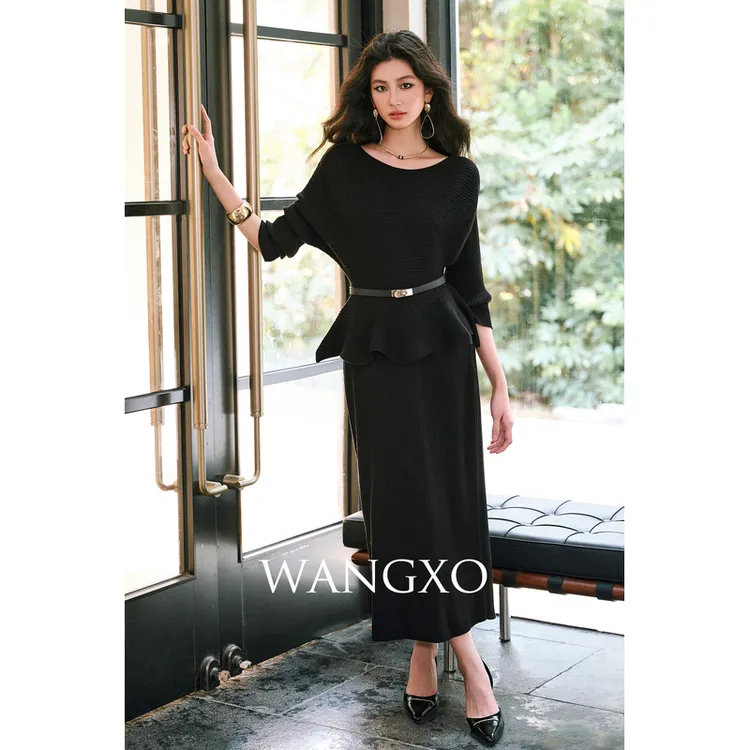 WANGXO  一字肩伞摆针织套头上衣套装 2501098W /2501098W -1