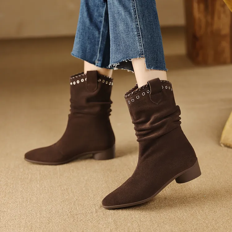 跟高3cm/牛反/简约圆头粗跟中筒靴秋冬加绒复古堆堆靴百搭骑士靴