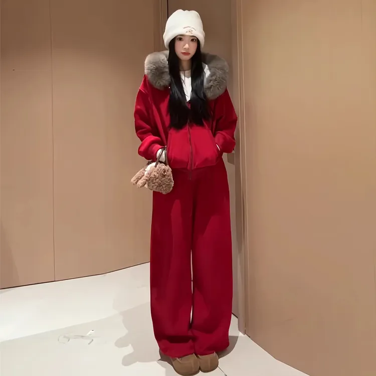 巨好看的冬装一整套时尚休闲洋气高级感毛领加绒卫衣阔腿裤两件套