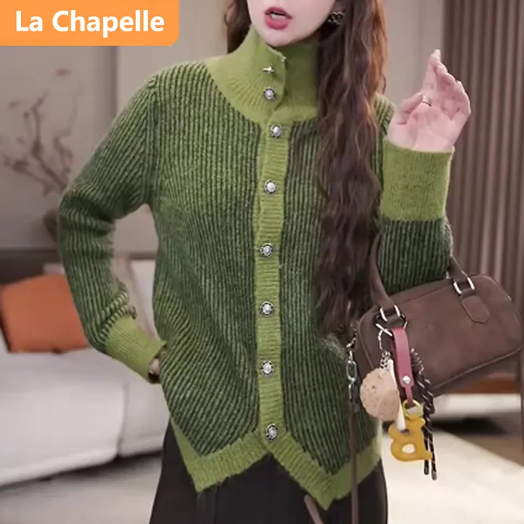 拉夏贝尔设计感撞色拼接半高领毛衣女开衫秋冬时尚洋气针织复古风
