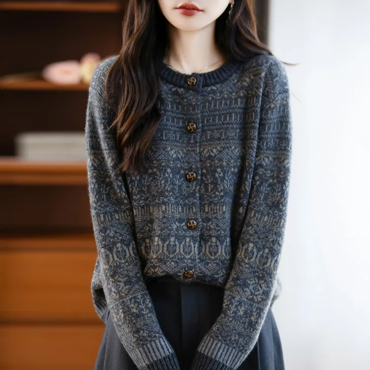 品牌撤柜正品法式复古提花羊毛针织开衫女外套秋冬加厚保暖上衣
