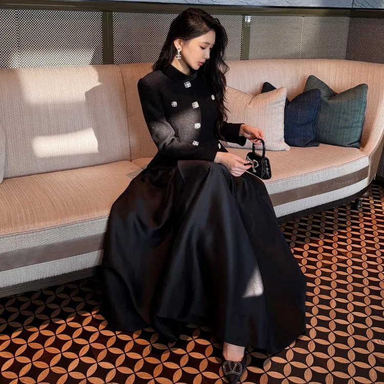 USHARK秋冬新款女黑色粗花呢拼接优雅气质长袖小立领连衣裙晚礼服