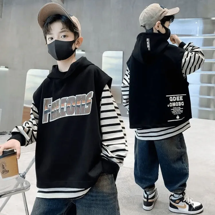 儿童装男童秋款套装春秋款2025新款中大童帽衫打底两件套酷潮连帽