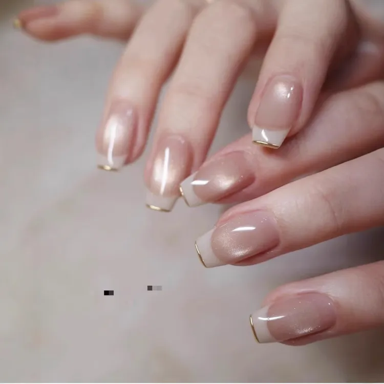 【247】玻璃珠猫眼简约白色法式假指甲穿戴甲可拆卸美甲片欧美指