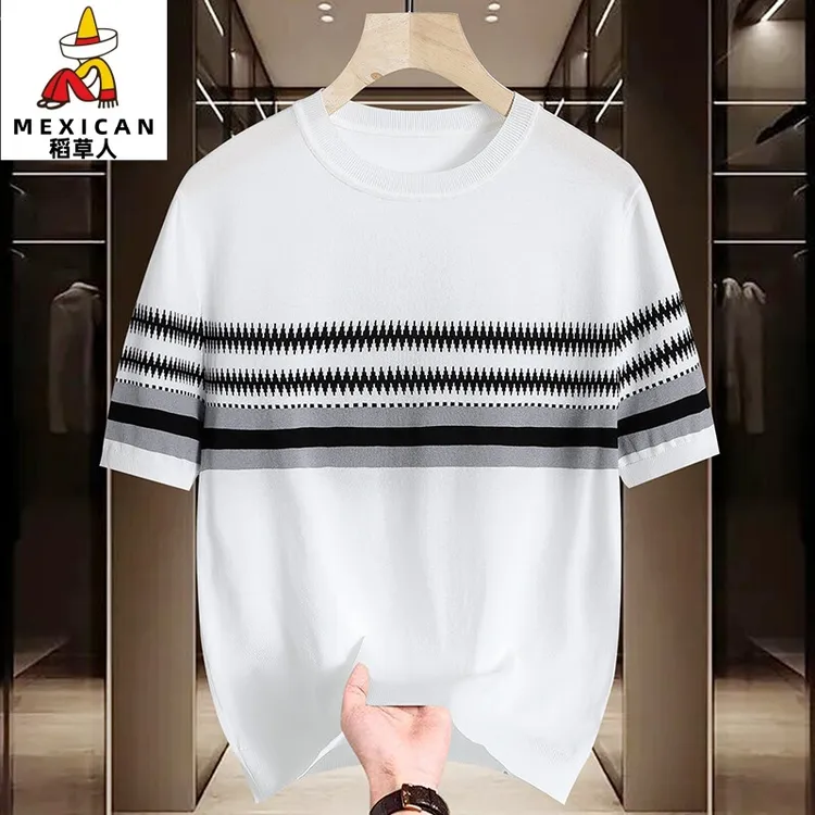 稻草人男士潮牌冰丝针织短袖T恤2025新款夏季简约舒适废土风男装