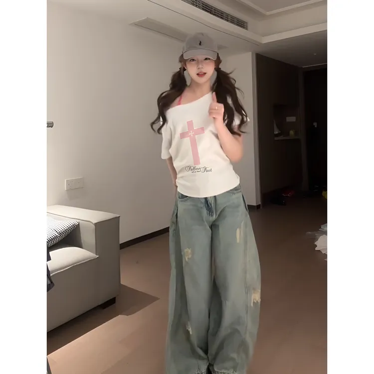 夏季新款休闲斜肩短袖t恤女新款爆款时尚印花韩系百搭洋气衣服女