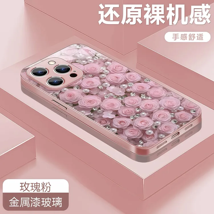 满屏玫瑰花玻璃壳适用苹果16/17手机壳iPhone15小米14vivoppo华为