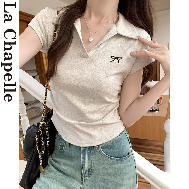拉夏贝尔翻领女装正肩短袖t恤女夏polo衫刺绣蝴蝶结收腰V领上衣
