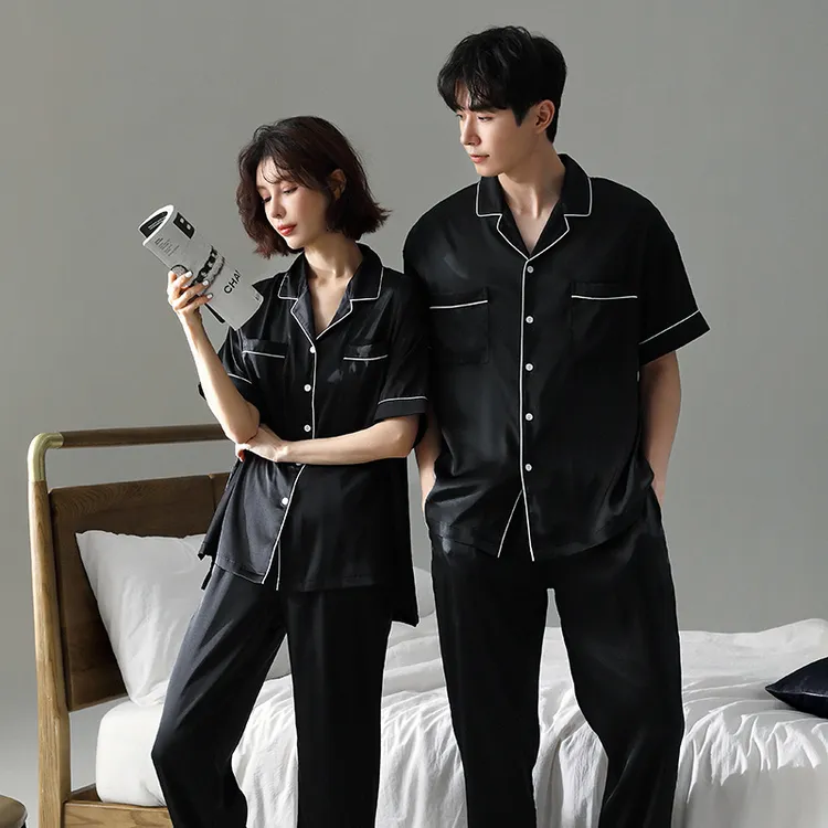 依蕊彩冰丝情侣睡衣夏短袖长裤男士大码女士黑色冰雪丝丝绸家居服
