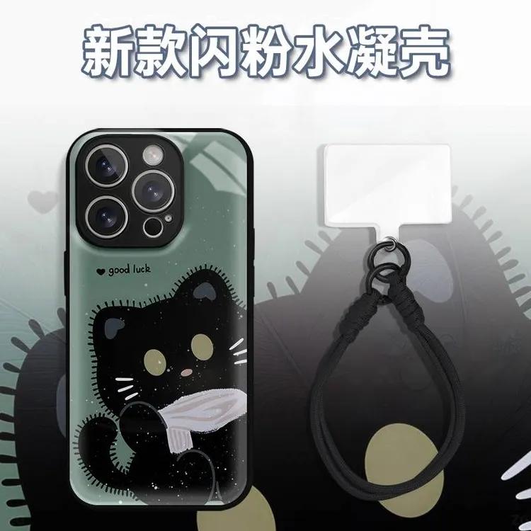 围巾GD小黑猫水凝玻璃壳适用iPhone苹果16手机壳华为oppo小米vivo