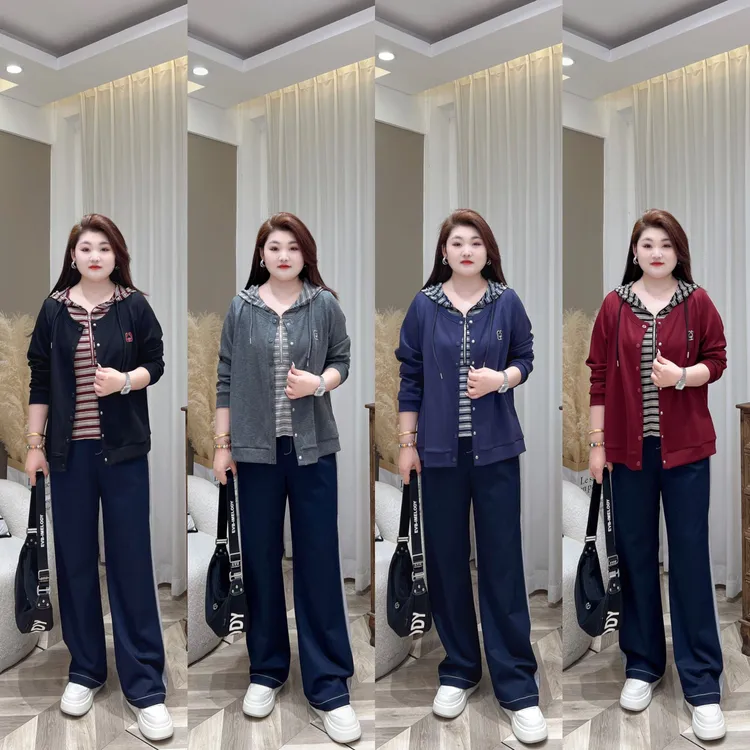 【上新仅上衣】PMM82151秋季新款时尚休闲条纹连帽假两件大码女装