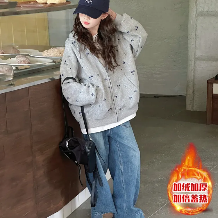 女童加绒外套秋冬2025新款洋气儿童休闲百搭连帽卫衣加厚学生冬季