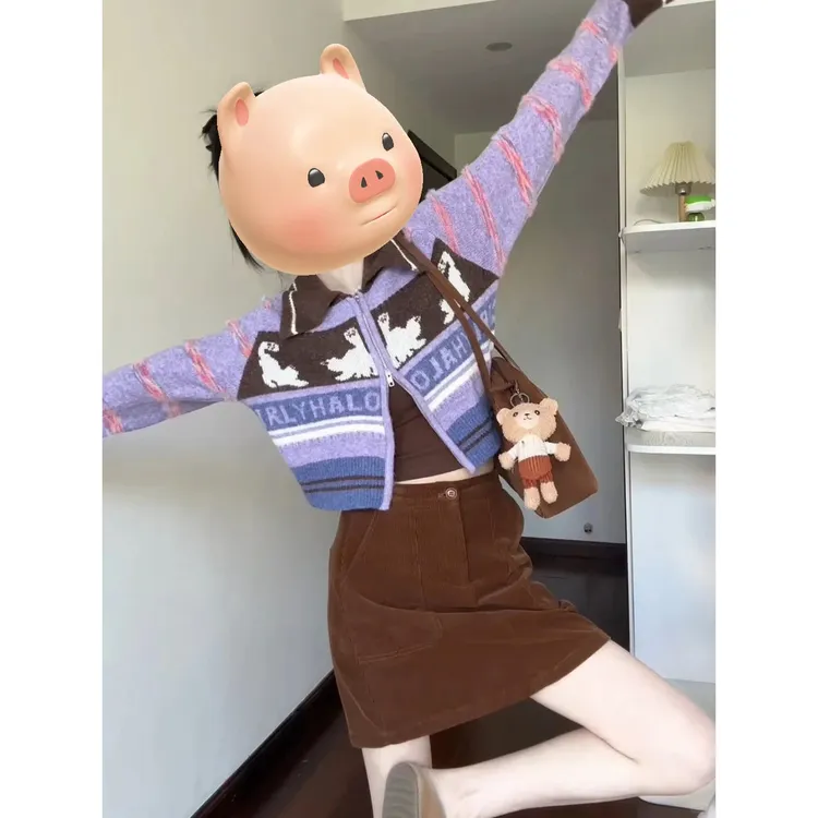 韩系学院风套装女2025秋冬新款费尔岛针织开衫外套高腰显瘦半身裙