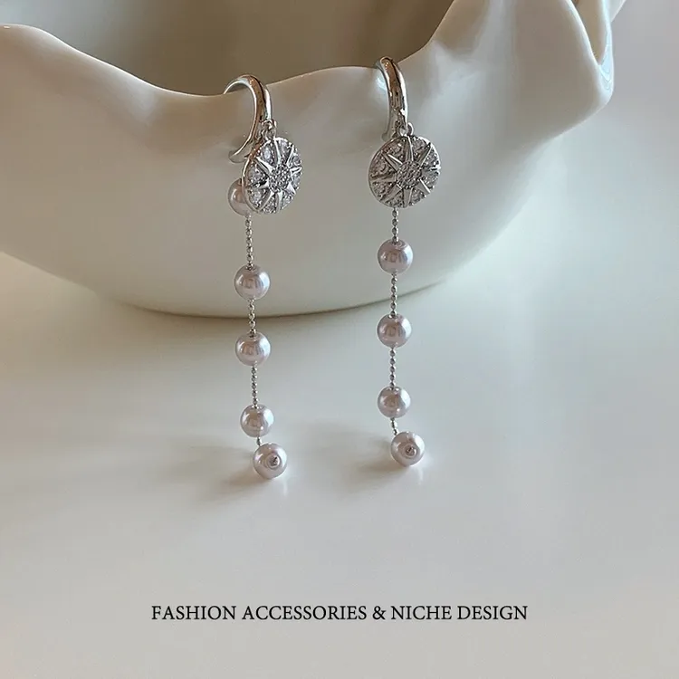 铜合金耳饰 法式珠珠流苏耳环女时尚小众设计高级感轻奢气质耳饰