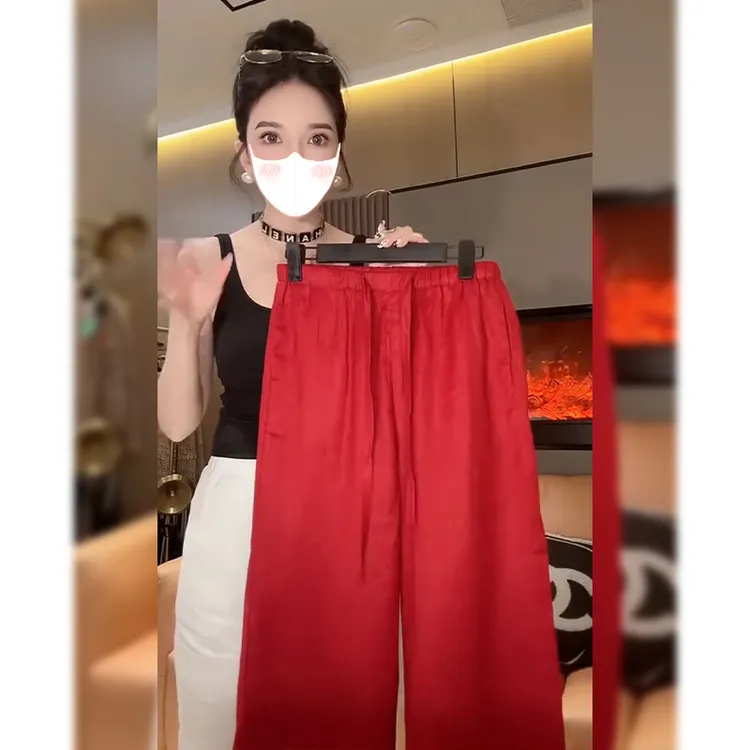 小众松弛感红色阔腿裤子女2025年夏季高腰显瘦直筒宽松休闲阔腿裤