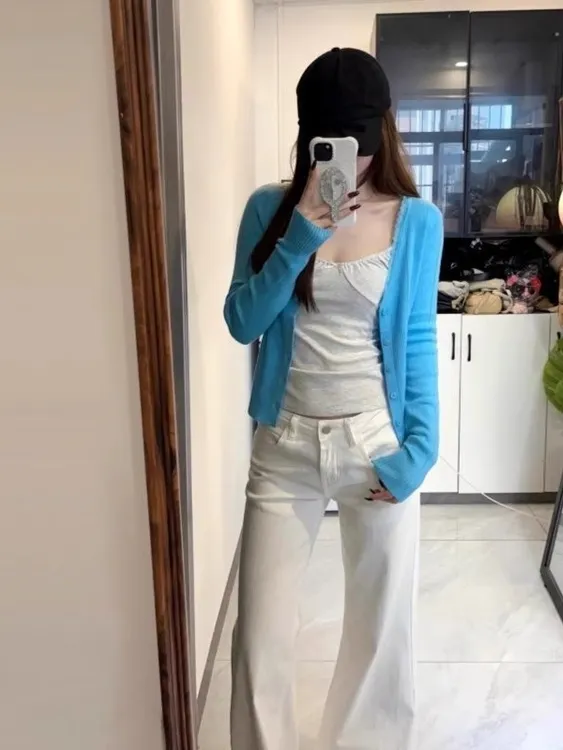 蓝色v领针织开衫女春季新款花边拼接修身显瘦慵懒风长袖气质上衣