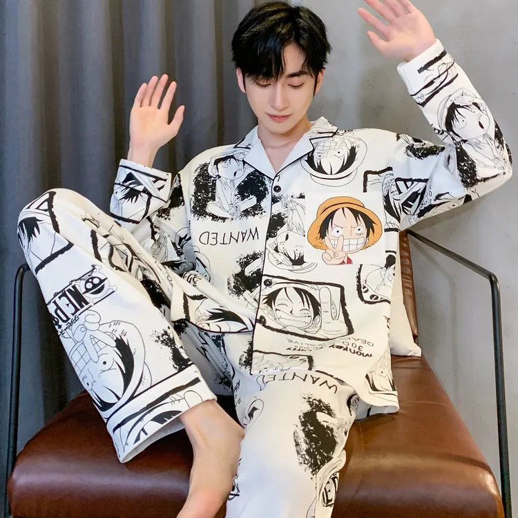 睡衣男春秋季纯棉长袖薄款夏天卡通动漫海贼王男士男生家居服套装