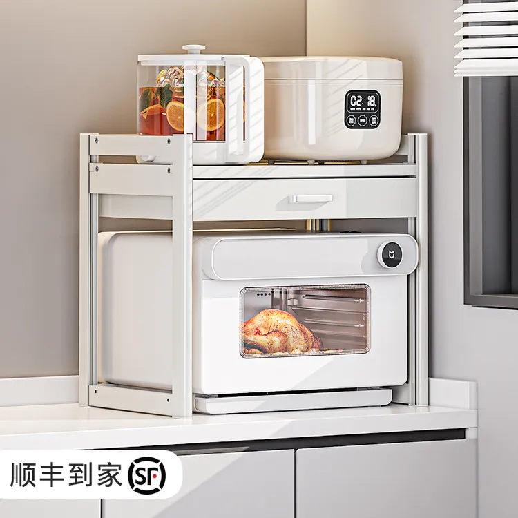 白色厨房台面置物架微波炉烤箱架带抽屉桌面双层电饭锅收纳架子
