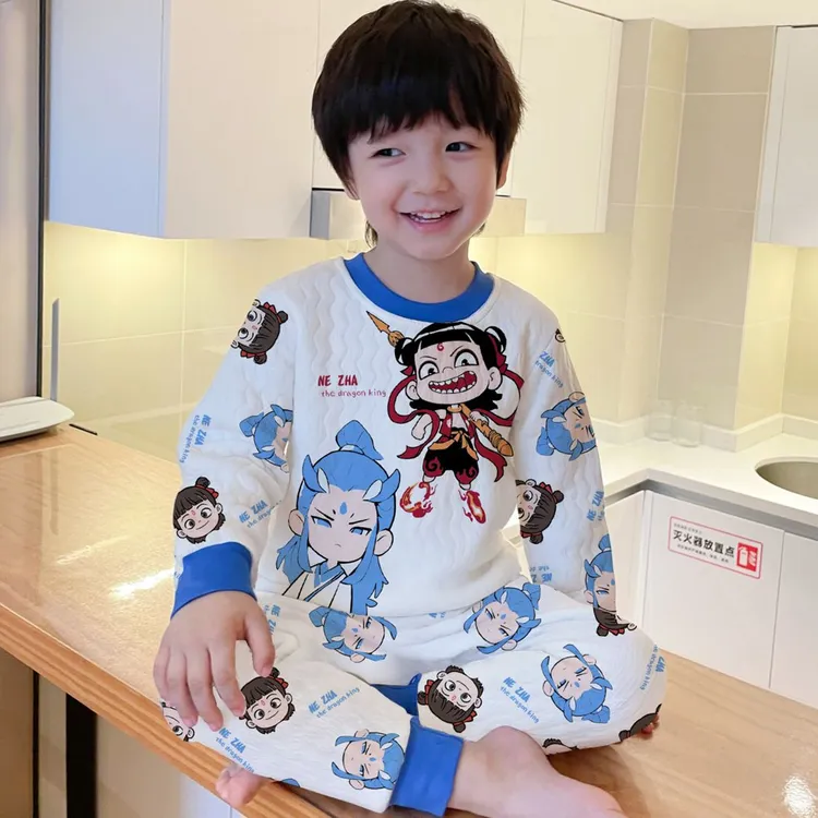 儿童保暖内衣套装秋冬款男孩秋衣秋裤宝宝三层纯棉夹棉卡通家居服