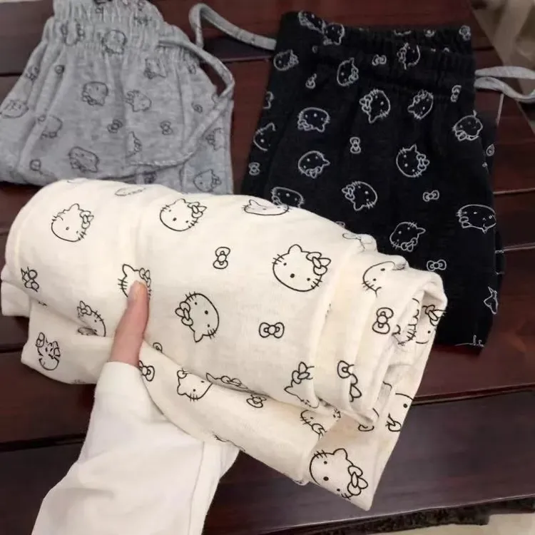 春秋女薄款高腰裤可爱卡通哈喽Kitty软糯糯慵懒遛弯长裤糯米裤子