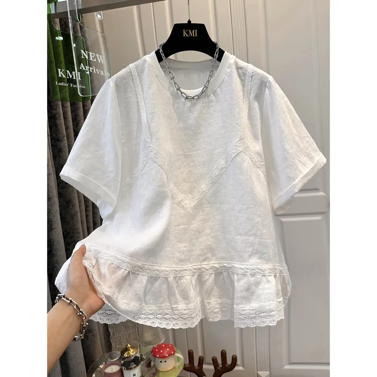 胖妹妹240斤大码圆领拼接蕾丝木耳边卷边短袖T恤女夏新款宽松上衣