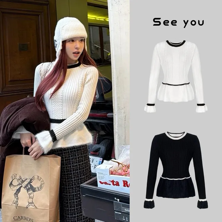 中古撞色收腰小香针织显瘦气质修身时尚百搭设计感L2289