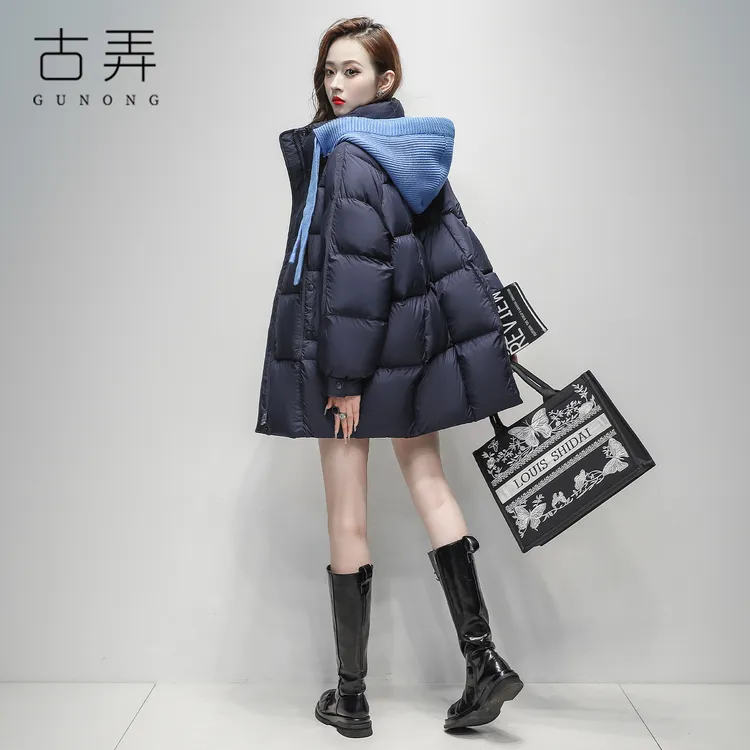 冬季时尚潮牌中长茧型针织可拆卸帽羽绒服2025百搭云朵泡芙厚外套