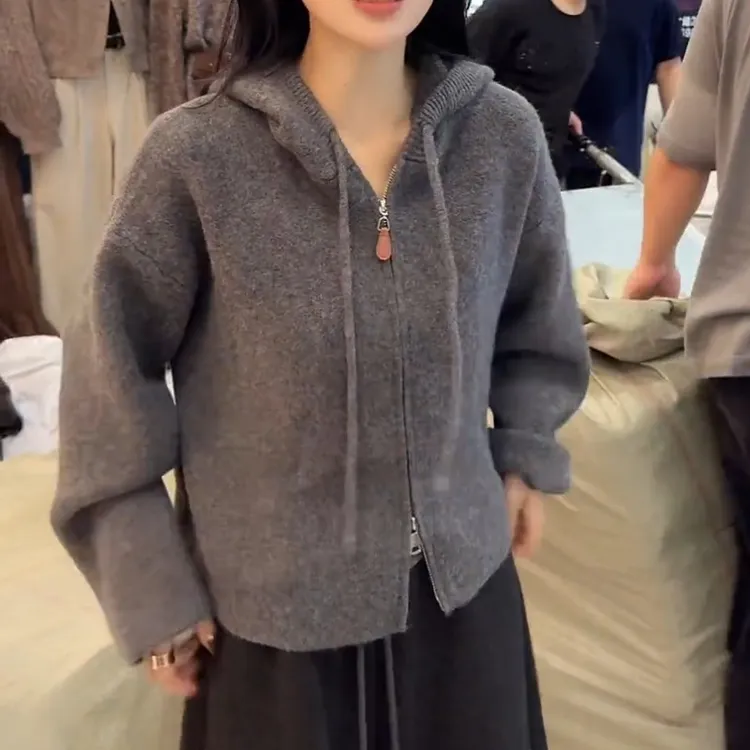 2025新款韩系百搭拉链纯色冬季连帽秋季毛针织衫上衣女LK2506902