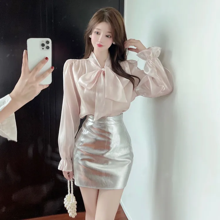 小清新甜美仙气蝴蝶结洋气春秋百搭衬衫修身显瘦高级感上衣女939#