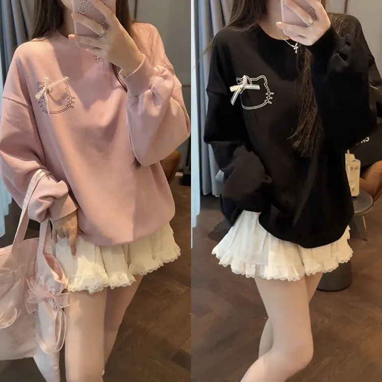 【mimius】&C游鹿鹿蕾丝贴布绣卡通印花减龄显瘦宽松圆领卫衣G03197