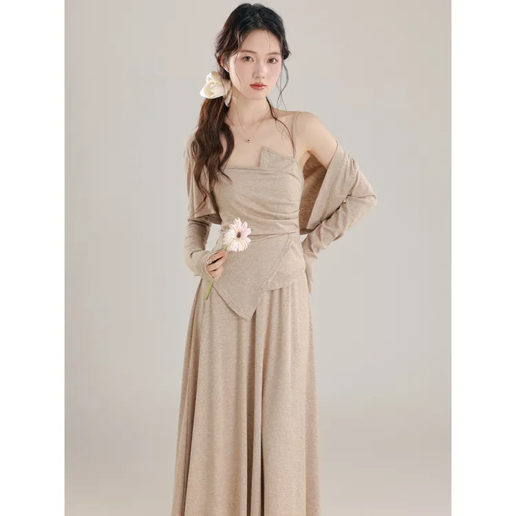 2025秋季韩系气质修身显瘦收腰针织高级感早秋穿搭一整套装长裙三