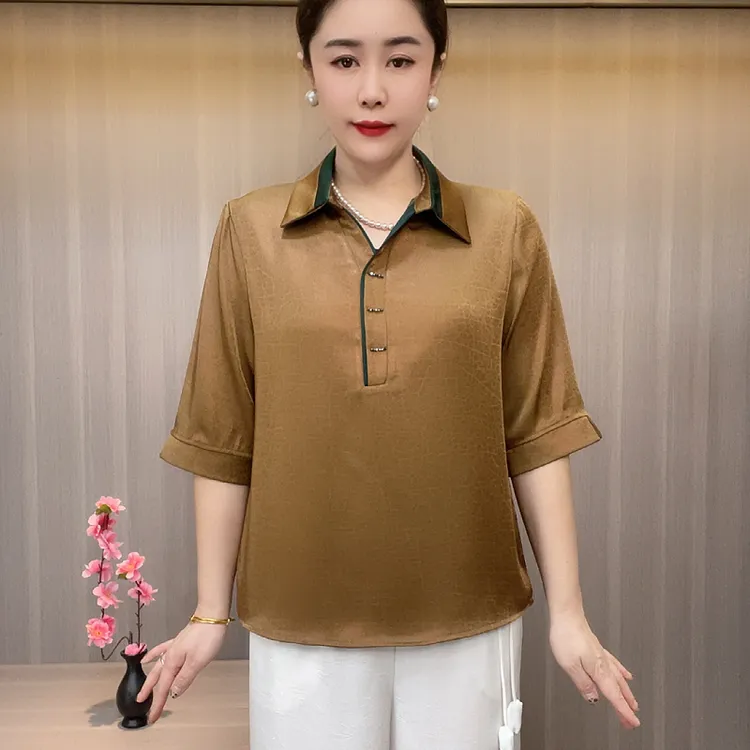 961新款翻领七分袖纯色龟裂纹中老年T恤时尚大码高档透气妈妈装