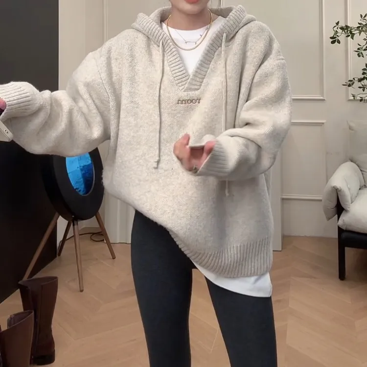 韩版慵懒休闲风字母刺绣宽松显瘦厚款连帽针织衫上衣LK2507499