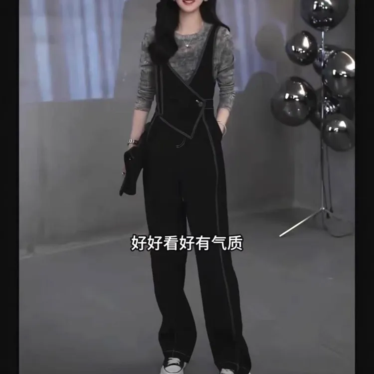 新长袖修身上衣设计感显瘦背带裤洋气女