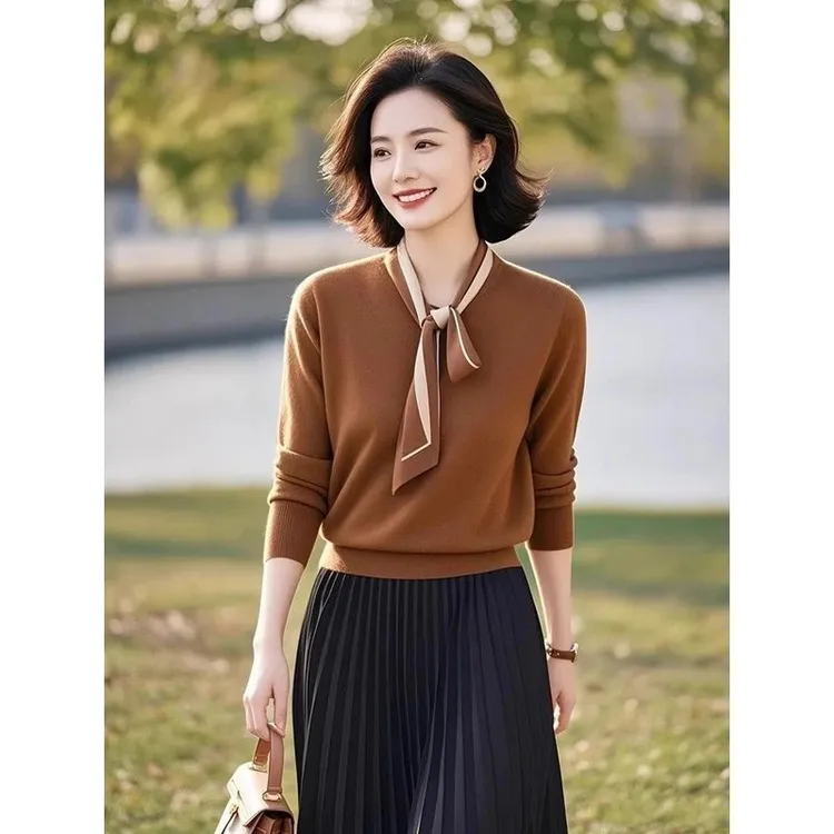 咖色系带蝴蝶结修身针织衫套装女秋季2025新款欧货高级感时尚套装