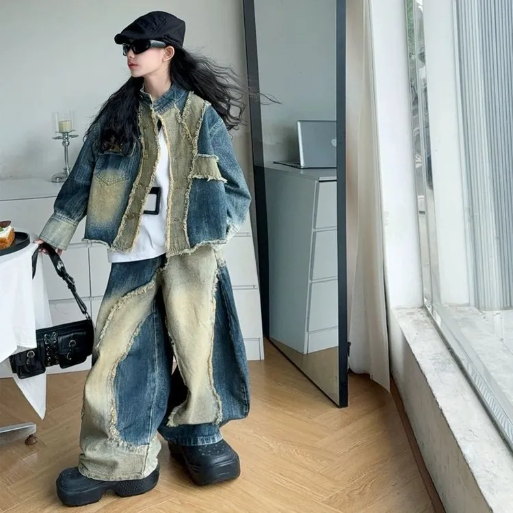 女童重工拼接牛仔套装春秋季2025新款儿童韩版夹克外套弯刀阔腿裤