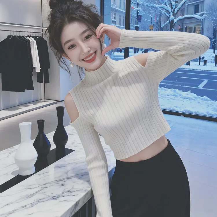 韩系露肩别致半高领套头针织衫女秋冬设计感小众修身显瘦长袖毛衣
