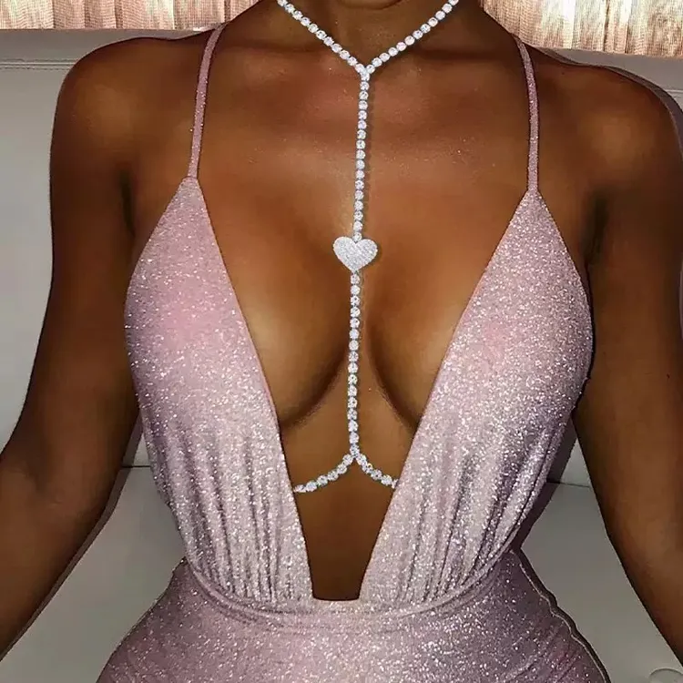 欧美时尚水钻爱心胸链女夜店沙滩性感比基尼镶钻身体链Body chain