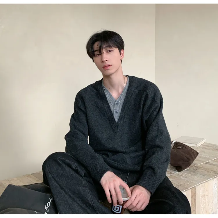 美式复古老钱风慵懒V领针织衫男女秋冬纯色假两件拼接套头毛衣潮