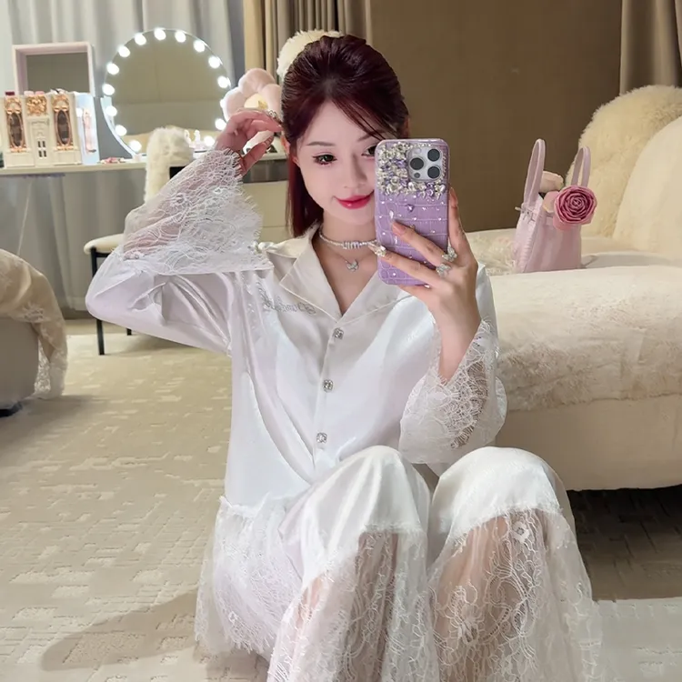DIMDEVL/汀黛芭蕾少女蕾丝拼接水光缎面法式长袖家居服春秋睡衣女