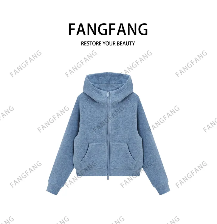 F.F极简风厚款长袖女连帽中长款卫衣休闲带帽保暖纯色2736