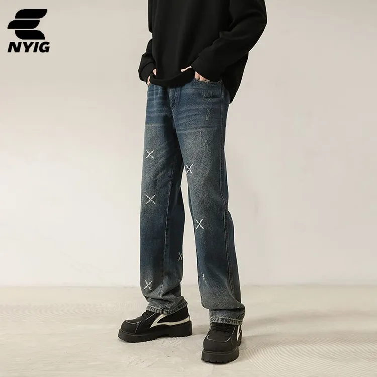 NYIG品牌水洗做旧黑灰刺绣直筒牛仔裤男宽松美式街头潮流长裤子