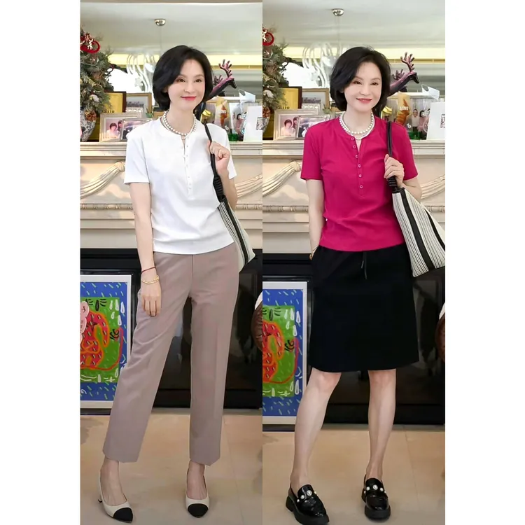 我是摩羯 亨利领T优可丝坑条肌理轻薄凉爽舒适夏半开襟短袖T恤