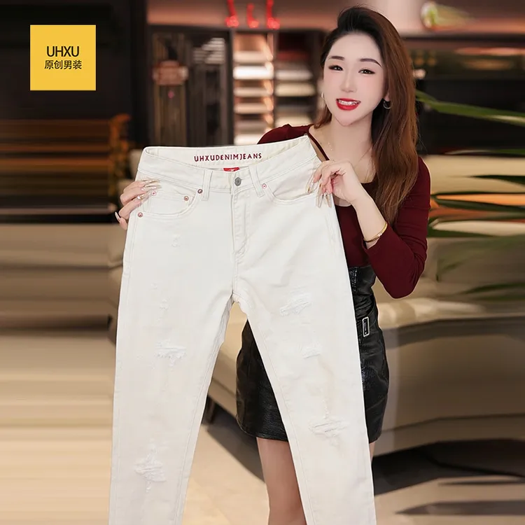 UHXU高端美式复古莱赛尔牛仔裤男冬季新款轻奢修身小脚休闲直筒裤