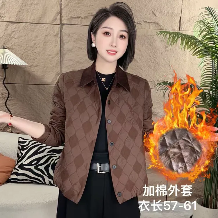 新款加厚深浅菱格轻薄款外套薄棉厚棉时尚衬衫领女显瘦棉衣外套