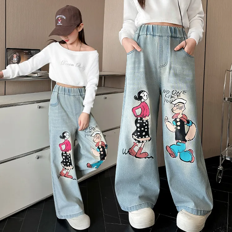 女童春装牛仔阔腿裤春秋装儿童卡通印花直筒裤子宽松休闲装中大童