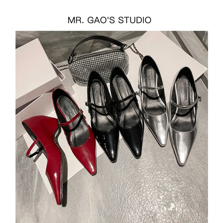 5cm内增高单鞋小方头浅口高跟法式跟鞋时尚玛丽珍百搭粗跟女鞋