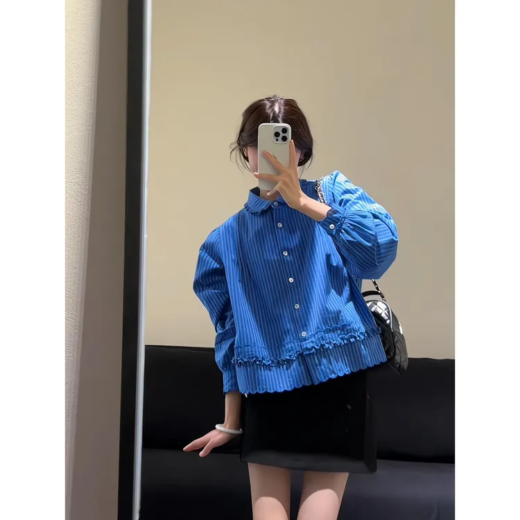 蓝色木耳边拼接长袖衬衫女韩系甜美减龄绝美休闲上衣半身裙短裙女