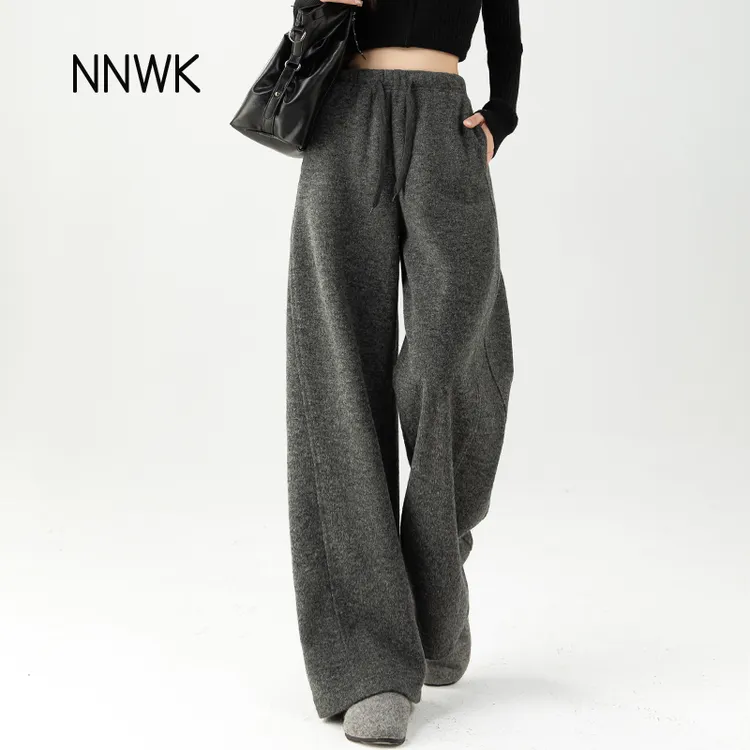 深灰色毛呢阔腿裤2025秋冬季休闲裤女外穿洋气时髦裤子宽松弯刀裤