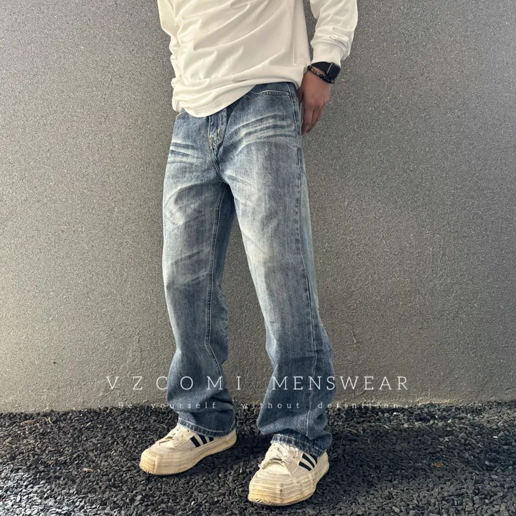 高端秋冬新款宽松直筒重工水洗牛仔裤扎痕猫须蓝色水洗牛仔裤